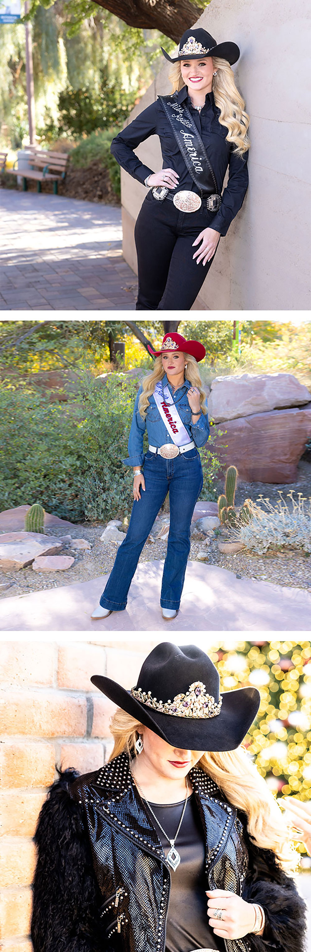 A photo montage of Miss Rodeo America 2025 wearing western attire.